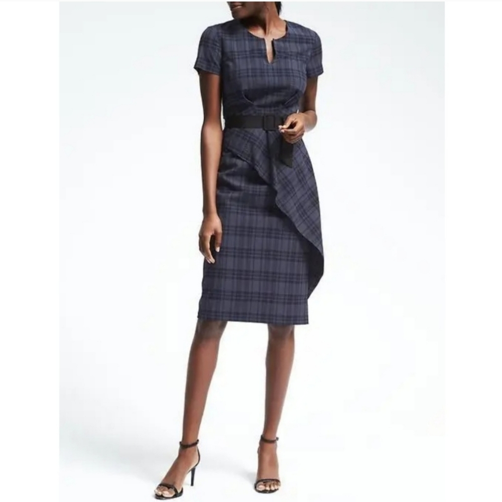 BANANA REPUBLIC Blue Plaid Belted Dress NWT - 8